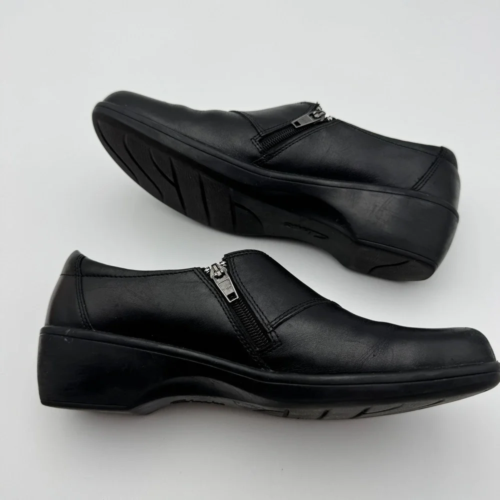 Clarks Bendables Black Leather Slip On Loafers Side Zip Wedge Shoes Women 10M